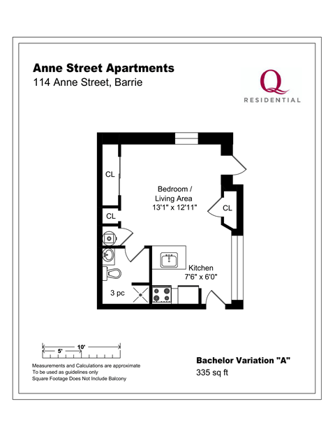 Floor plan for studio, 1 bath, 335 sqft